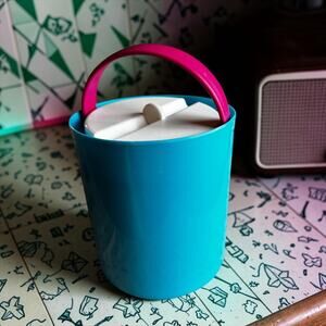 Vintage Retro Turquoise Blue Ice Bucket with Pink Handle and White Lid Insert